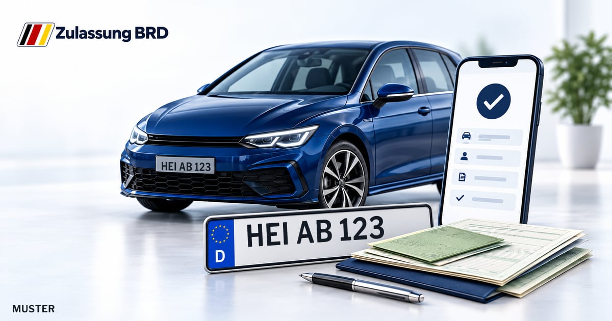 Online Fahrzeugzulassung in Heide: Musterkennzeichen HEI AB 123, Auto und Fahrzeugpapiere und Smartphone. Illustration mit Logo von Zulassung BRD.